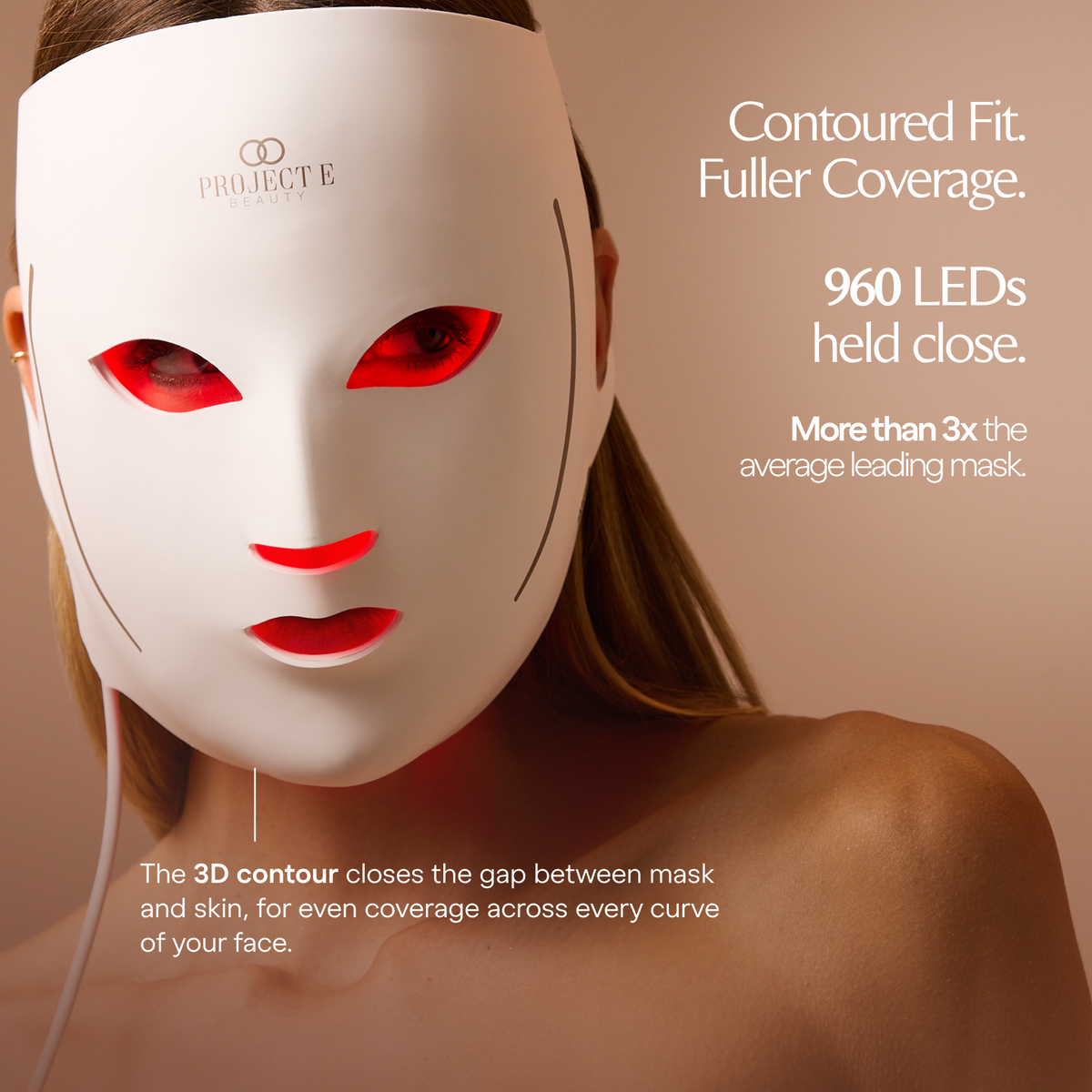 Front view of a woman wearing LumaLux Face V2 beside an infographic describing its contoured fit
