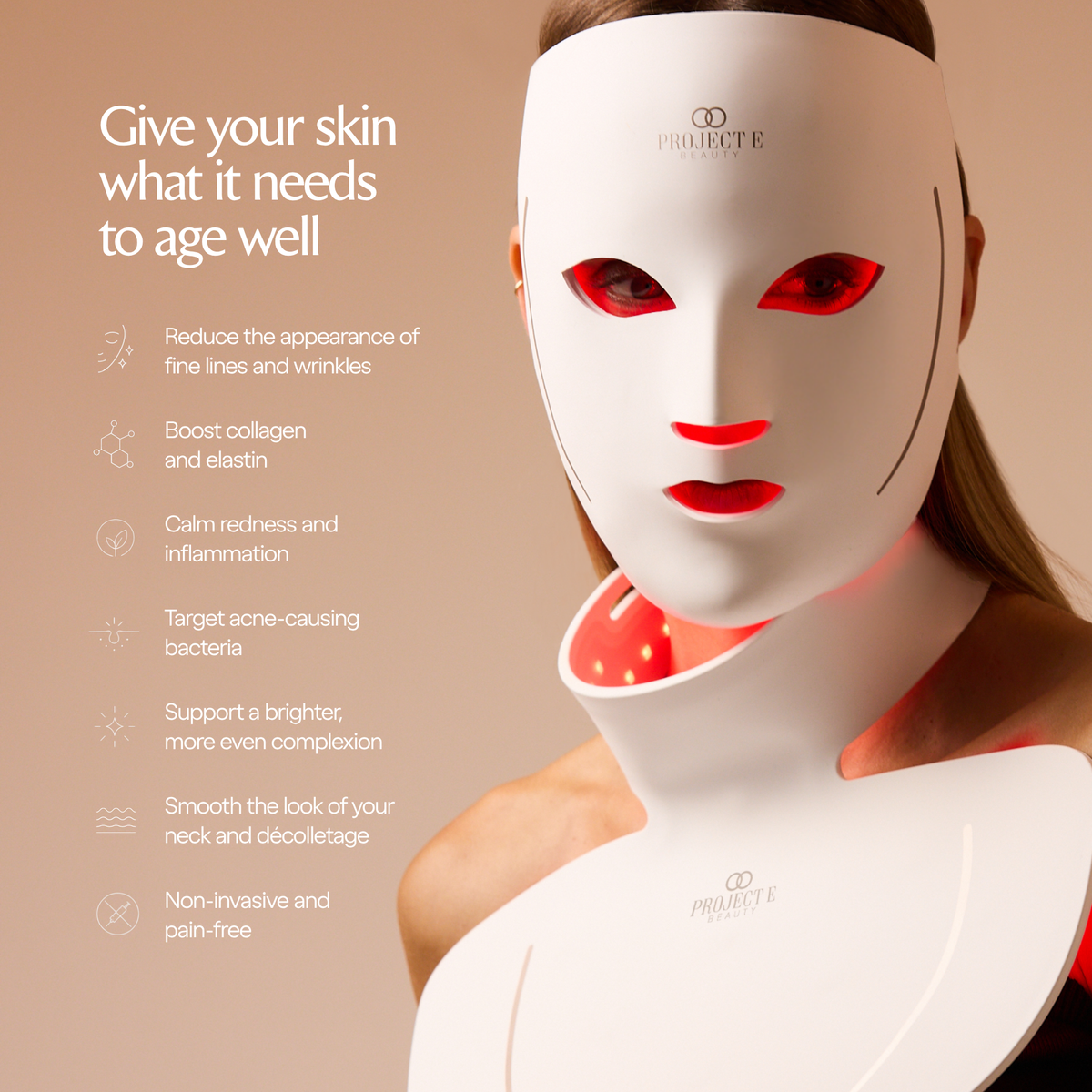 Woman wearing LumaLux Face+ V2 beside an infographic listing skincare benefits