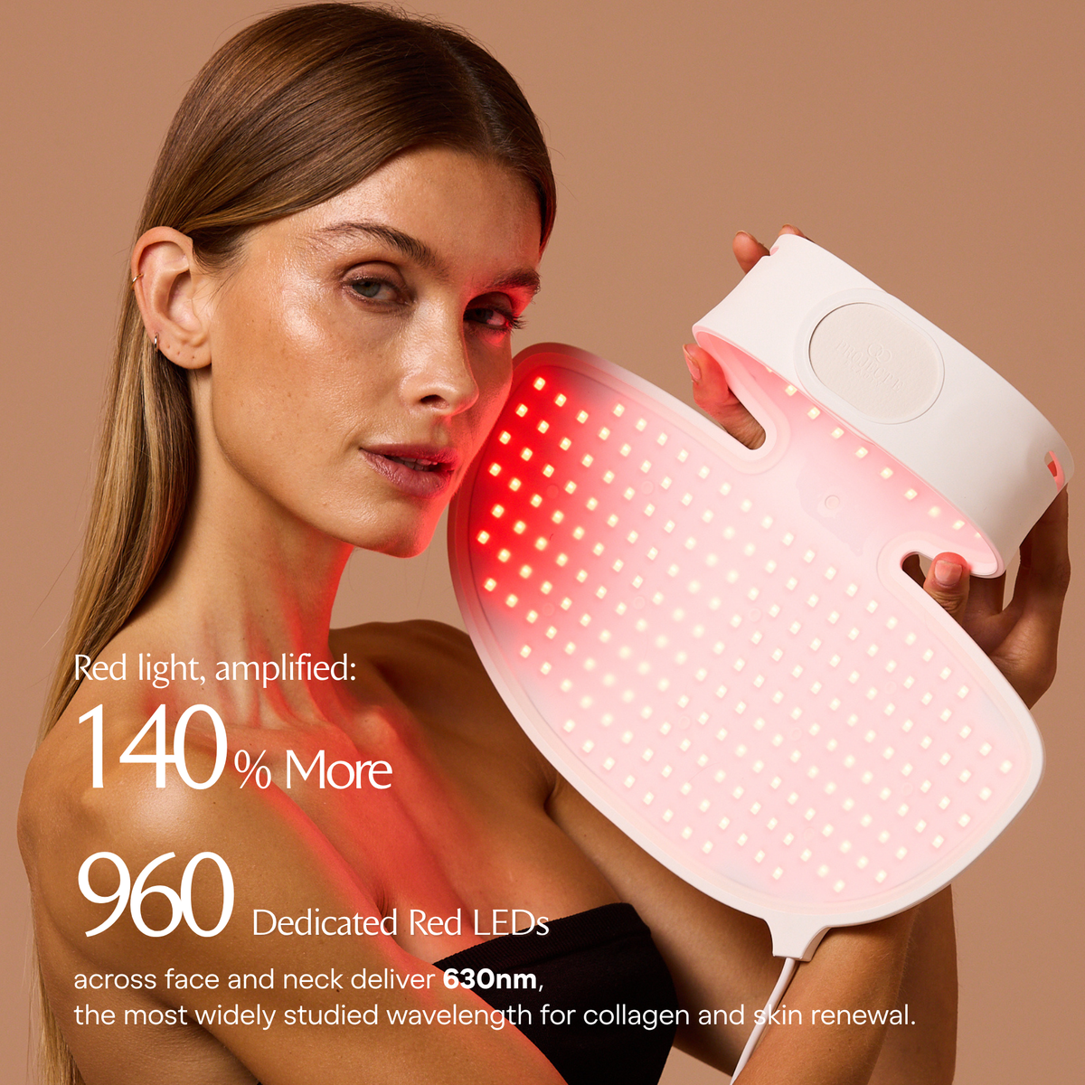 Woman holding the illuminated LumaLux Face+ V2 face and neck panels beside an infographic identifying red LEDs